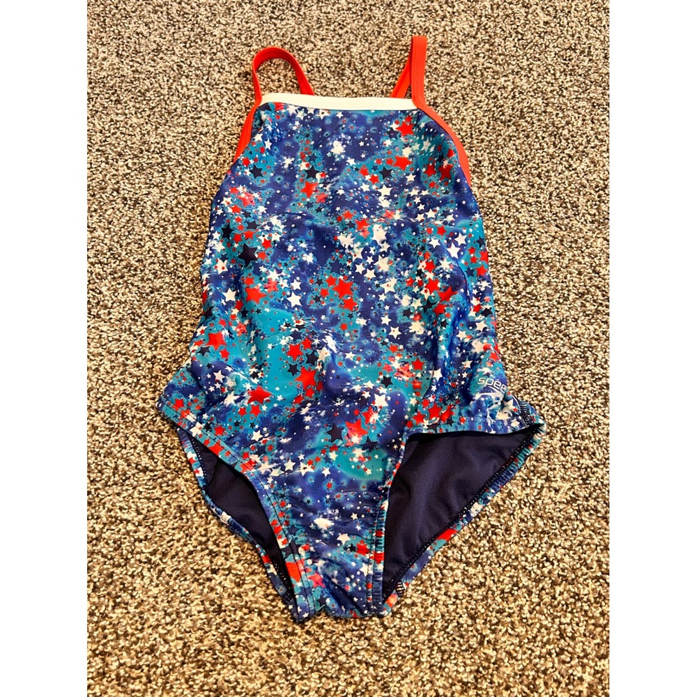 Bb9 Speedo Girls Star Print One Piece Swimsuit Size 12 Blue Red Teal